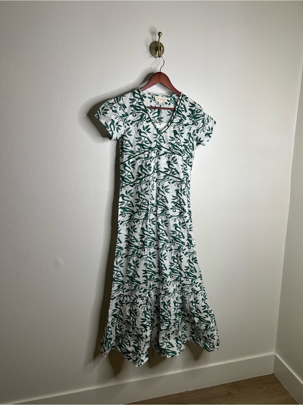 NWT Ex Voto 100% Cotton White Green Bird Block Printed Maxi Dress